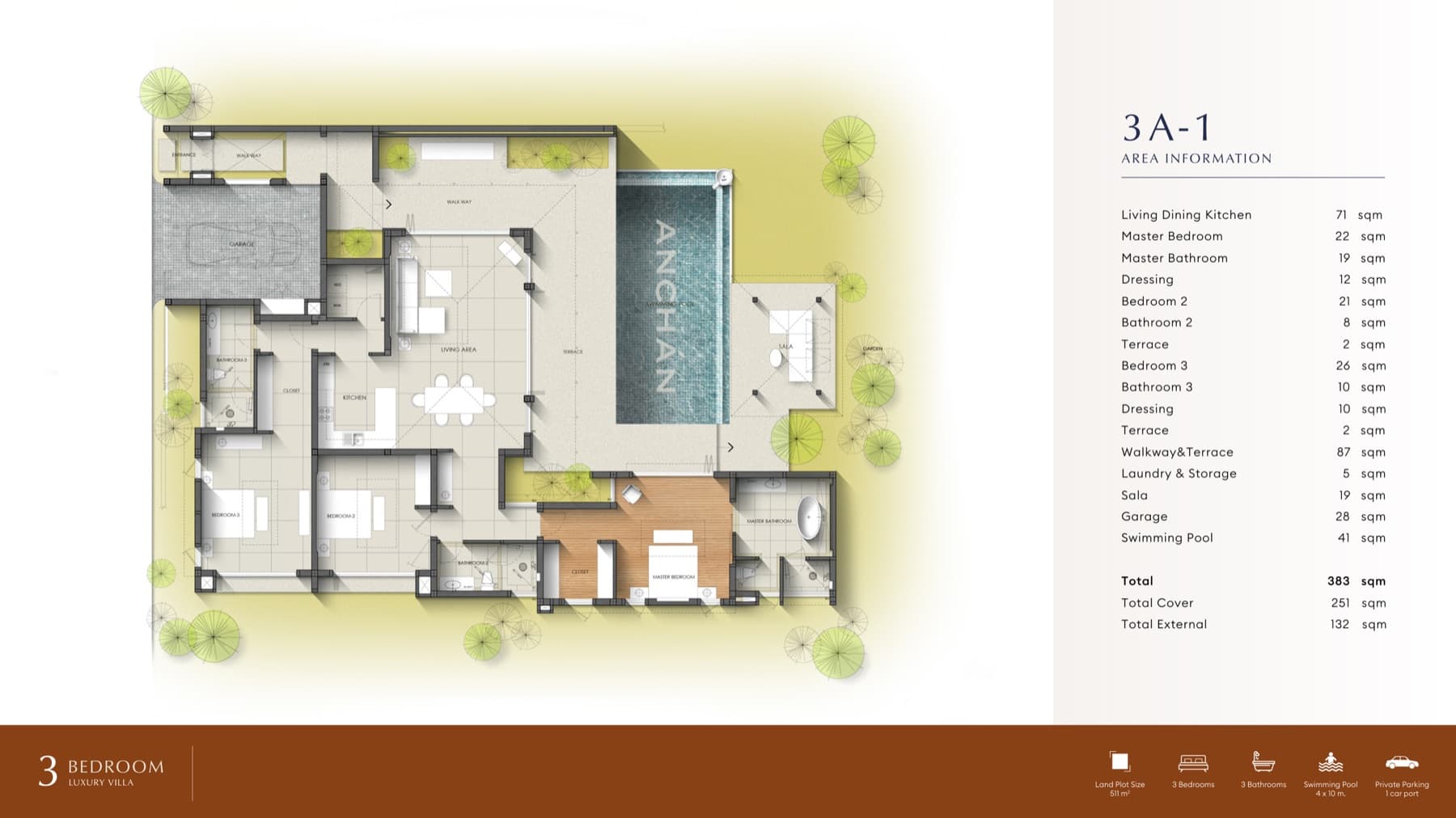 Type 3A-1 · 3 Bedroom Villa layout